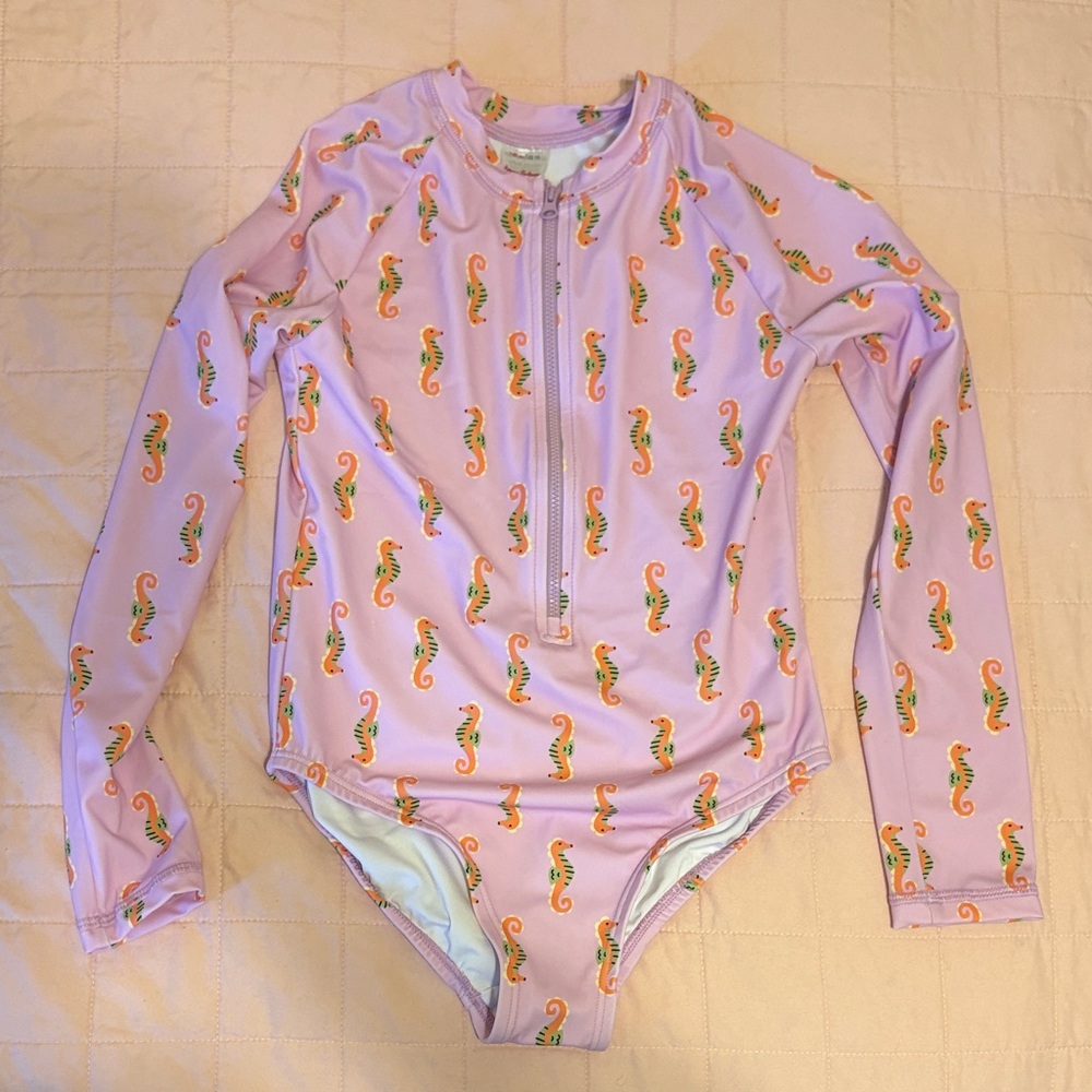 Hanna Andersson Lavender One-Piece Swim with Orange & Green Seahorse Print